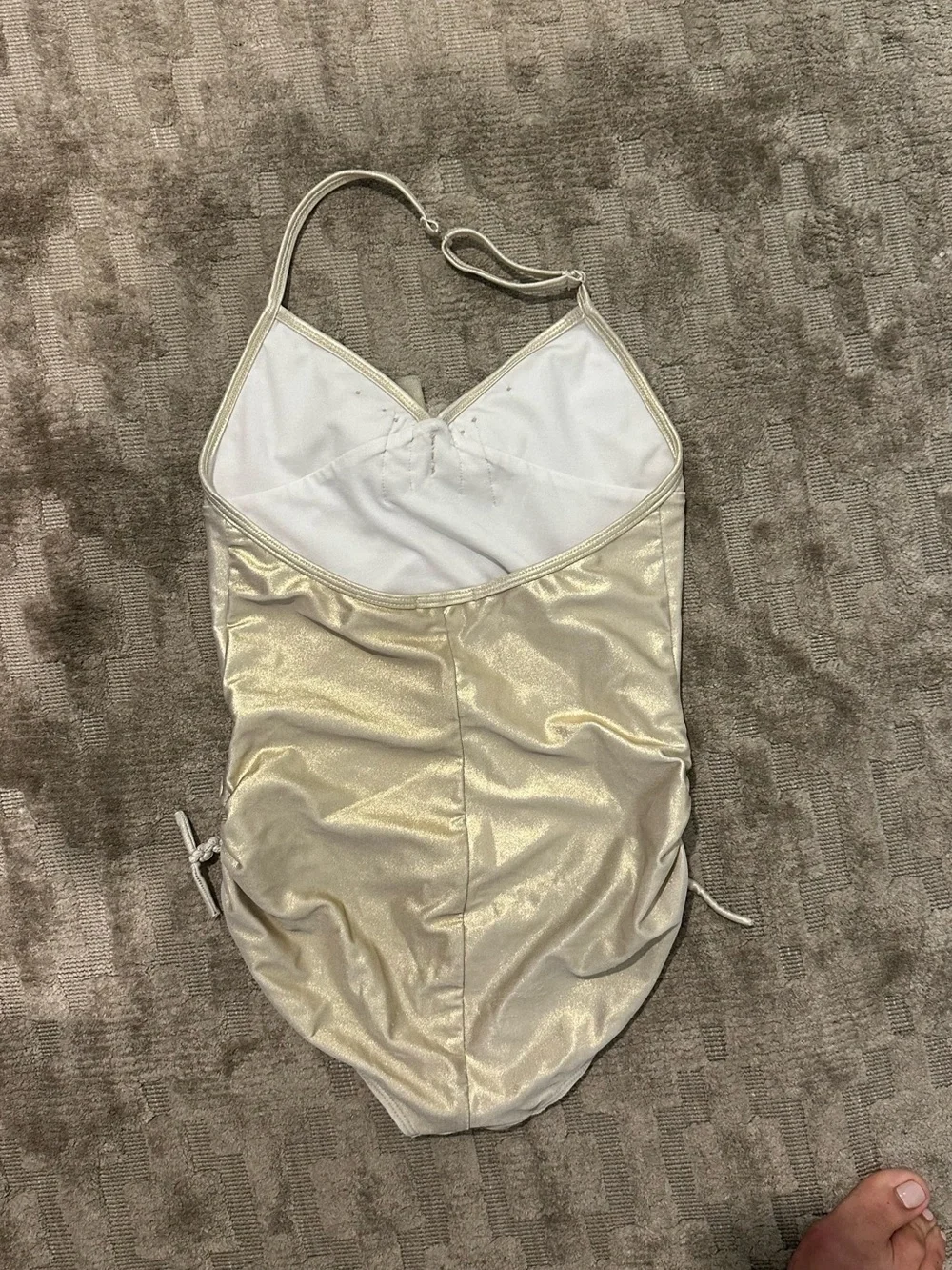 EUC Kate Mack Girls Size 12 Shimmery Gold Halter One-Piece Swimsuit with Bow